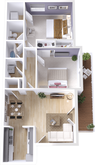 a 3d rendering of a two bedroom apartment at The Cedars Apartments